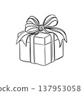 Minimalist black and white gift box outline. Hand-drawn line art illustration for coloring, holiday celebrations, and branding icons. 137953058