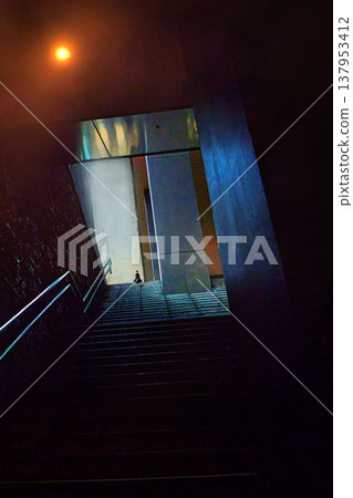 Landscape with stairs and silhouette of a woman 137953412