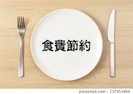 一套盤子和餐具上寫著「節省伙食費」。 137953469
