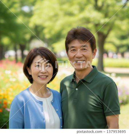一對中年夫婦在森林公園約會。 一對中年夫婦在森林公園約會。 137953695