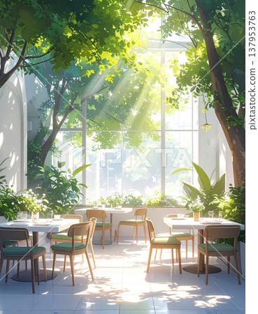 清新的綠植和斑駁的陽光點綴著精緻的白色空間，還有開放式的咖啡廳露臺。 137953763