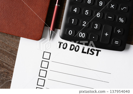 To-do list, calculator, notebook, and ballpoint pen To-do list, calculator, notebook, and ballpoint pen 137954040