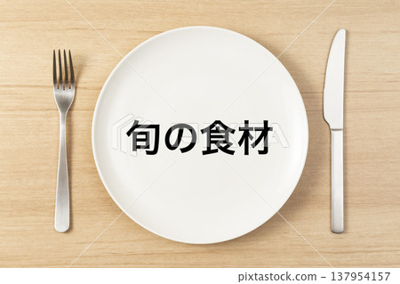 A plate and cutlery with the words "Seasonal Ingredients" written on it. 137954157