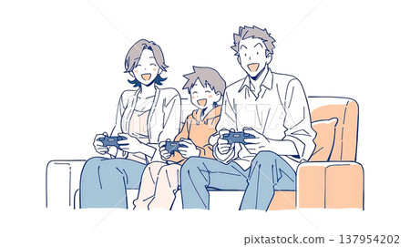 家庭時光裡，一位家長和孩子坐在沙發上玩遊戲。 137954202