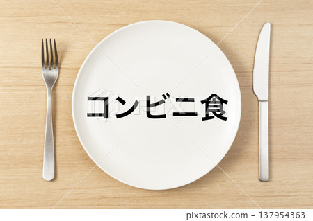 A plate and cutlery with "Convenience Store Food" written on it. 137954363