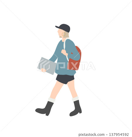 Illustration of a female college student walking with a laptop and backpack, depicting a scene of her commuting to school. Illustration of a female college student walking with a laptop and backpack, depicting a scene of her commuting to school. 137954592