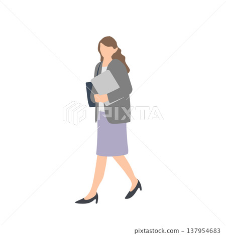 插圖描繪了一位女性辦公室職員在辦公環境中手持筆記型電腦的場景。 137954683