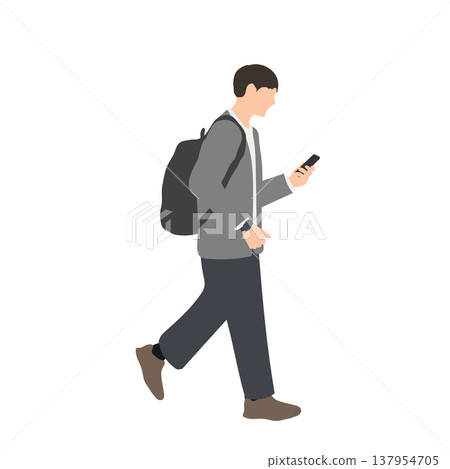一名男性上班族邊走邊看智慧型手機;描繪通勤場景的人物插畫。 一名男性上班族邊走邊看智慧型手機;描繪通勤場景的人物插畫。 137954705