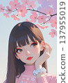 A girl with clear eyes dreaming, wearing cherry blossom and coral makeup. 137955019