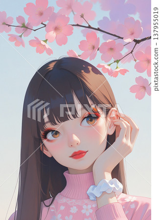 一個眼神清澈的女孩在做夢,臉上化著櫻花和珊瑚色的妝容。 一個眼神清澈的女孩在做夢,臉上化著櫻花和珊瑚色的妝容。 137955019