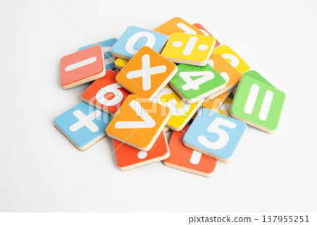 Number wood block cubes for learning Mathematic, education math concept. 137955251