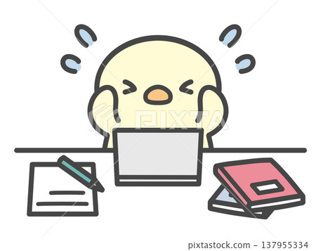 A hand-drawn illustration of a chick looking stressed and overwhelmed by studying or work; struggling with a problem it doesn't understand or working on a computer. A hand-drawn illustration of a chick looking stressed and overwhelmed by studying or work; struggling with a problem it doesn't understand or working on a computer. 137955334