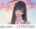 A girl with clear eyes dreaming, wearing cherry blossom and coral makeup. 137955405