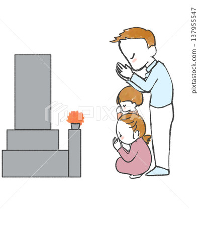 A simple illustration of a family praying at a grave. A simple illustration of a family praying at a grave. 137955547