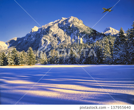 隆冬時節，一架飛機飛越新天鵝堡。 137955640