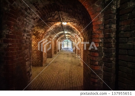 Interior of red brick in old Fort 5 King Frederick William III in Kaliningrad. Russia 137955651