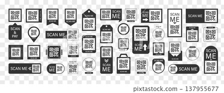 Scan me Frame. Supermarket retail price tag. Black Scanner set to buy now with barcode and QR code. Simple Vector illustration Scan me Frame. Supermarket retail price tag. Black Scanner set to buy now with barcode and QR code. Simple Vector illustration 137955677