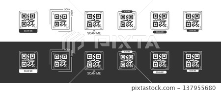 Scan me Frame. Black Scanner set in app box. Mobile buy now with barcode and QR code. Scan by phone camera. Simple Vector illustration Scan me Frame. Black Scanner set in app box. Mobile buy now with barcode and QR code. Scan by phone camera. Simple Vector illustration 137955680