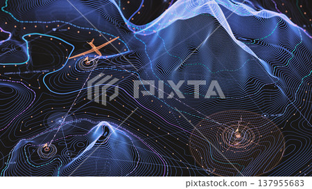 Geospatial flight monitoring interface, vibrant contour lines, aircraft icons, and data paths 137955683
