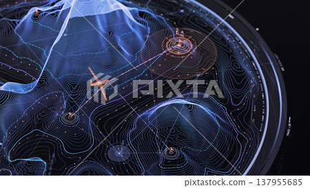 Advanced drone control interface showing digital topographic map and target acquisition. 137955685