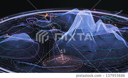 Tactical drone mission interface displaying a 3D topographic mesh with contour lines Tactical drone mission interface displaying a 3D topographic mesh with contour lines 137955686