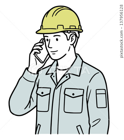 Illustration of a worker talking on a smartphone: Reporting and communicating at the worksite (simple line drawing/vector) 137956128