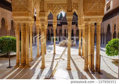 Spain, Granada, Alhambra Palace courtyard fountain Spain, Granada, Alhambra Palace courtyard fountain 137956351