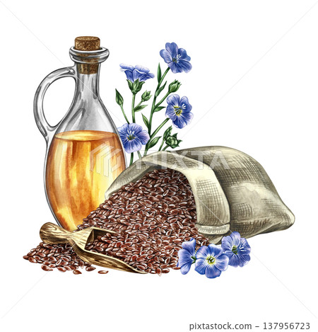 Flaxseed oil. Hand-drawn watercolor illustration. Flaxseed in burlap, wooden scoop, blue flax flowers, and a glass bottle of oil. Element of label design, packaging, banners, posters, and more. 137956723
