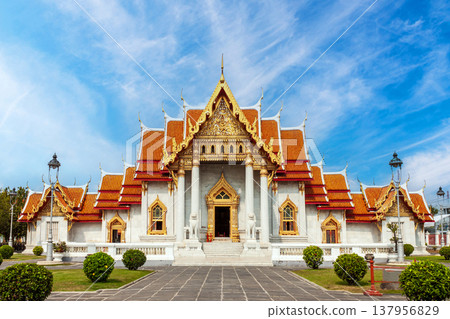 Exterior of the Famous Marble Temple (Wat Benchamabophit) under Blue Sky 137956829