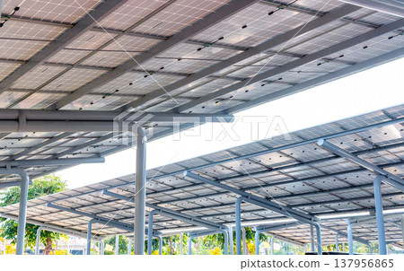 Aerial view of solar panels installed as shade canopy over parking lot with parked cars to generate electricity, photovoltaic technology. 137956865