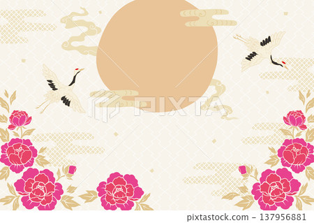 日式背景仙鶴太陽牡丹 137956881