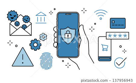 網路安全圖示集，線條粗細可調，顯示在手持的智慧型手機上。 137956943