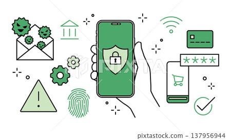 Cybersecurity icon set with adjustable line width, displayed on a smartphone held in the hand. Cybersecurity icon set with adjustable line width, displayed on a smartphone held in the hand. 137956944