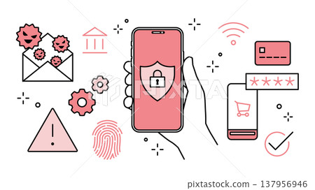 網路安全圖示集，線條粗細可調，顯示在手持的智慧型手機上。 137956946