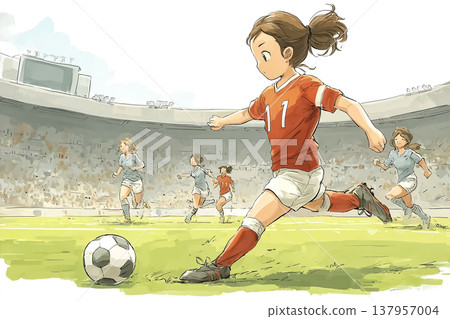 一幅年輕女足球員傳球的插圖 137957004