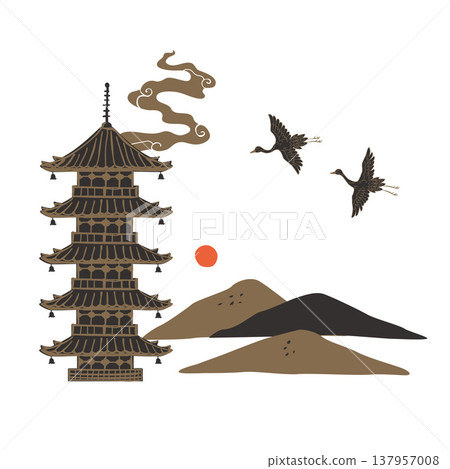 仙鶴與五層寶塔 - 無縫圖案 137957008
