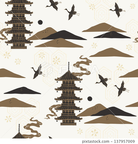 Cranes and Five-Storied Pagoda - Seamless Pattern Cranes and Five-Storied Pagoda - Seamless Pattern 137957009