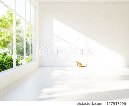 A minimalist interior with light streaming in through large windows and a cat 137957096