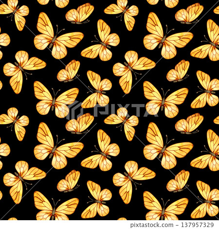 Seamless pattern featuring delicate yellow butterflies on a white background. This light and airy design is perfect for spring-themed textiles, wallpaper, and wrapping paper. Seamless pattern featuring delicate yellow butterflies on a white background. This light and airy design is perfect for spring-themed textiles, wallpaper, and wrapping paper. 137957329