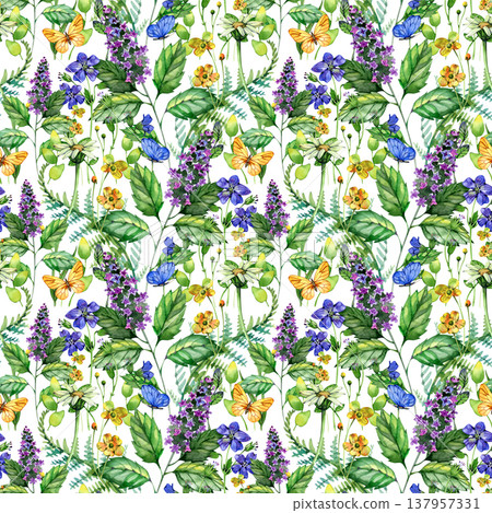 Dense, whimsical seamless pattern of watercolor wildflowers and butterflies on a white background. This intricate botanical design offers a charming, rustic aesthetic for surface design. 137957331
