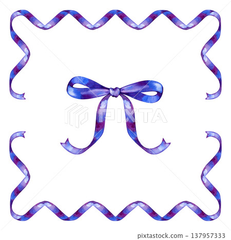 Elegant watercolor frame made of a flowing purple and blue ribbon with a beautiful bow. Artistic border element, perfect for wedding invitations, greeting cards, and luxury branding Elegant watercolor frame made of a flowing purple and blue ribbon with a beautiful bow. Artistic border element, perfect for wedding invitations, greeting cards, and luxury branding 137957333