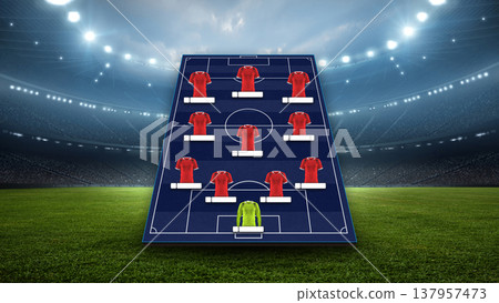 Soccer lineup infographic template with red jerseys on stadium background,. 137957473