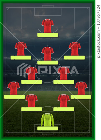 Soccer formation lineup infographic with red jerseys and player name tags, 137957524