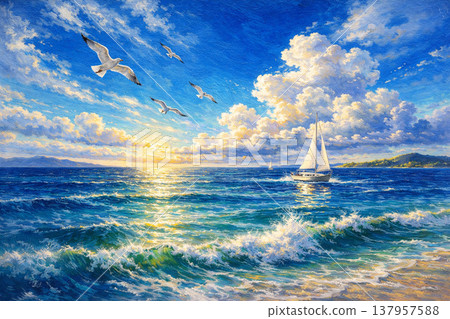 Sea, yacht, seagull, oil painting Sea, yacht, seagull, oil painting 137957588