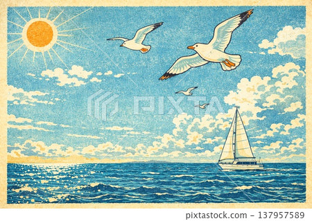 Sea, yacht, seagull, woodblock print style Sea, yacht, seagull, woodblock print style 137957589