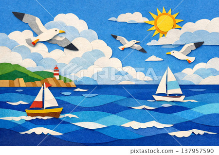 Sea, yacht, seagull, collage style 137957590