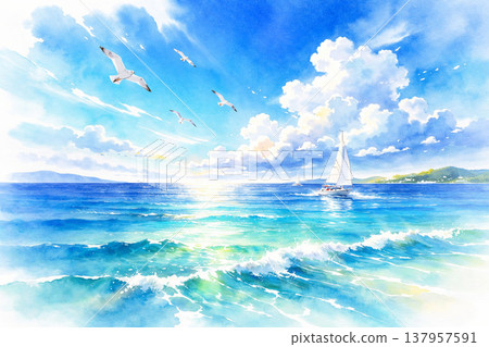 Sea, yacht, seagull, watercolor painting Sea, yacht, seagull, watercolor painting 137957591