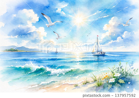 Sea, yacht, seagull, watercolor painting Sea, yacht, seagull, watercolor painting 137957592