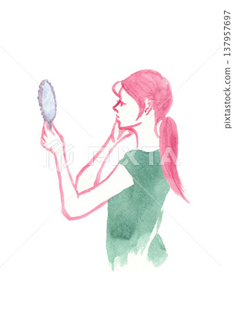 A hand-drawn watercolor illustration of a woman's profile as she holds her hand to her cheek and looks in a hand mirror. A hand-drawn watercolor illustration of a woman's profile as she holds her hand to her cheek and looks in a hand mirror. 137957697