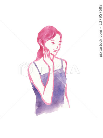 一幅手繪水彩插圖，描繪了一位女性的側臉，她用手輕撫臉頰。 137957698
